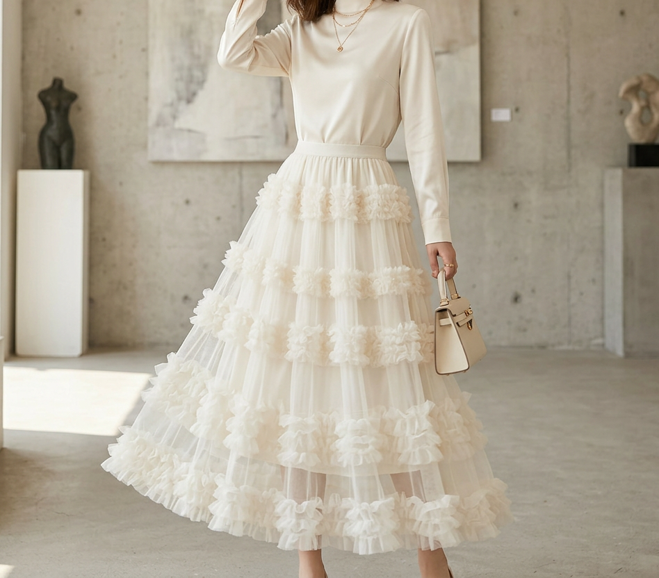 レースシースルーフリルティアードウエストゴムロングフレアAラインスカート | 詳細画像4