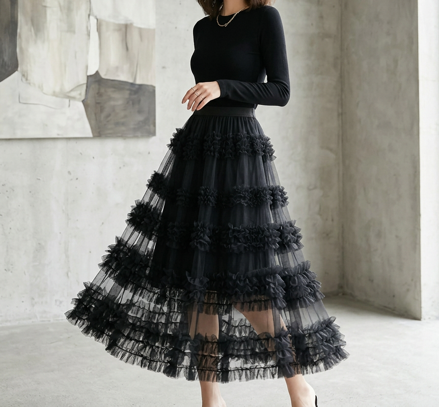 レースシースルーフリルティアードウエストゴムロングフレアAラインスカート | 詳細画像2