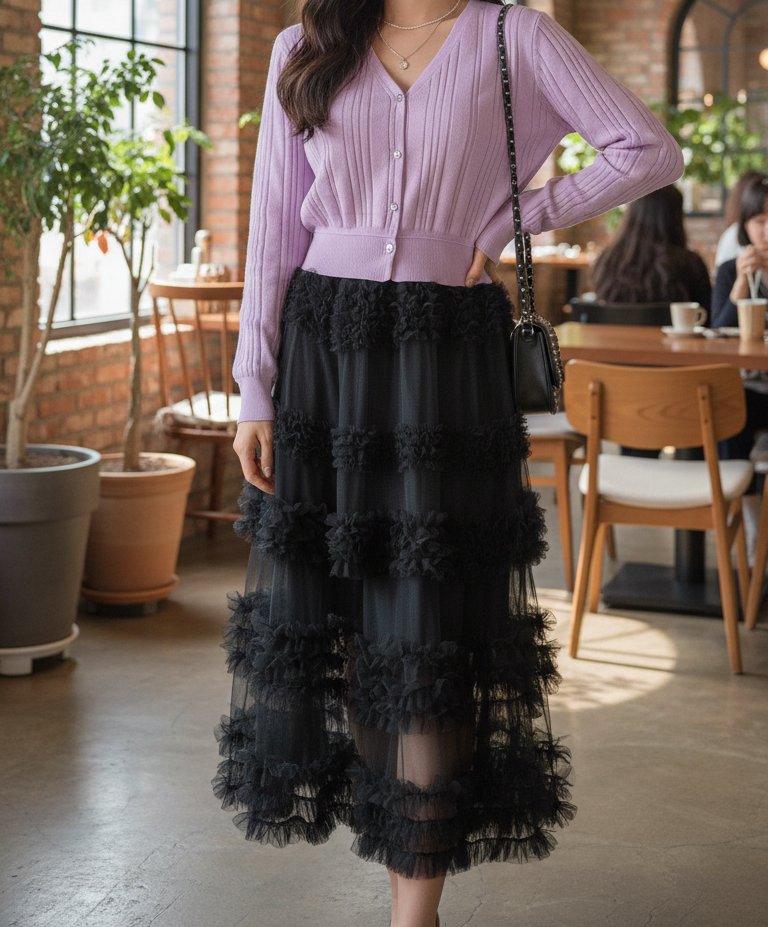 レースシースルーフリルティアードウエストゴムロングフレアAラインスカート | 詳細画像3