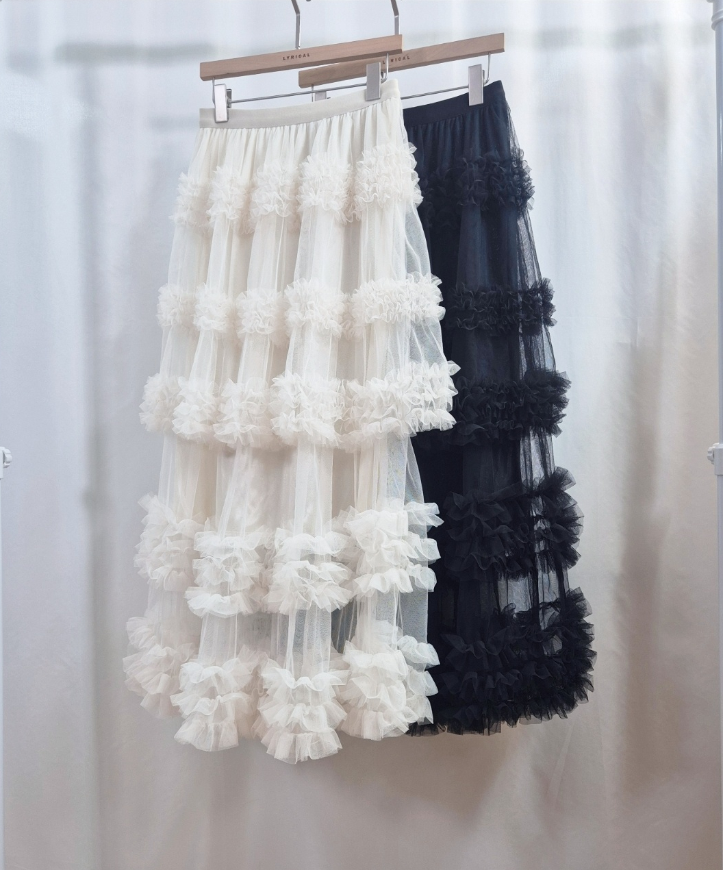 レースシースルーフリルティアードウエストゴムロングフレアAラインスカート | 詳細画像6