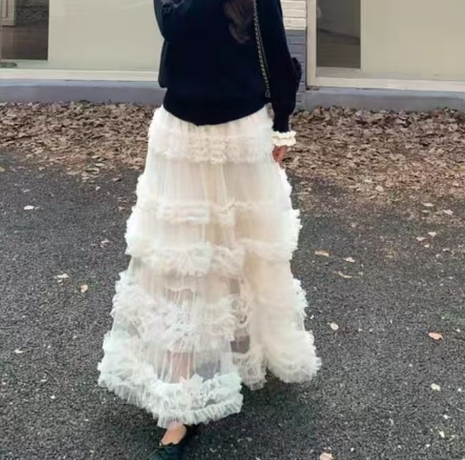 レースシースルーフリルティアードウエストゴムロングフレアAラインスカート | 詳細画像5