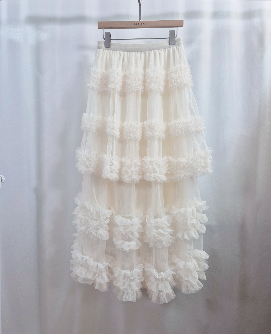 レースシースルーフリルティアードウエストゴムロングフレアAラインスカート | 詳細画像7