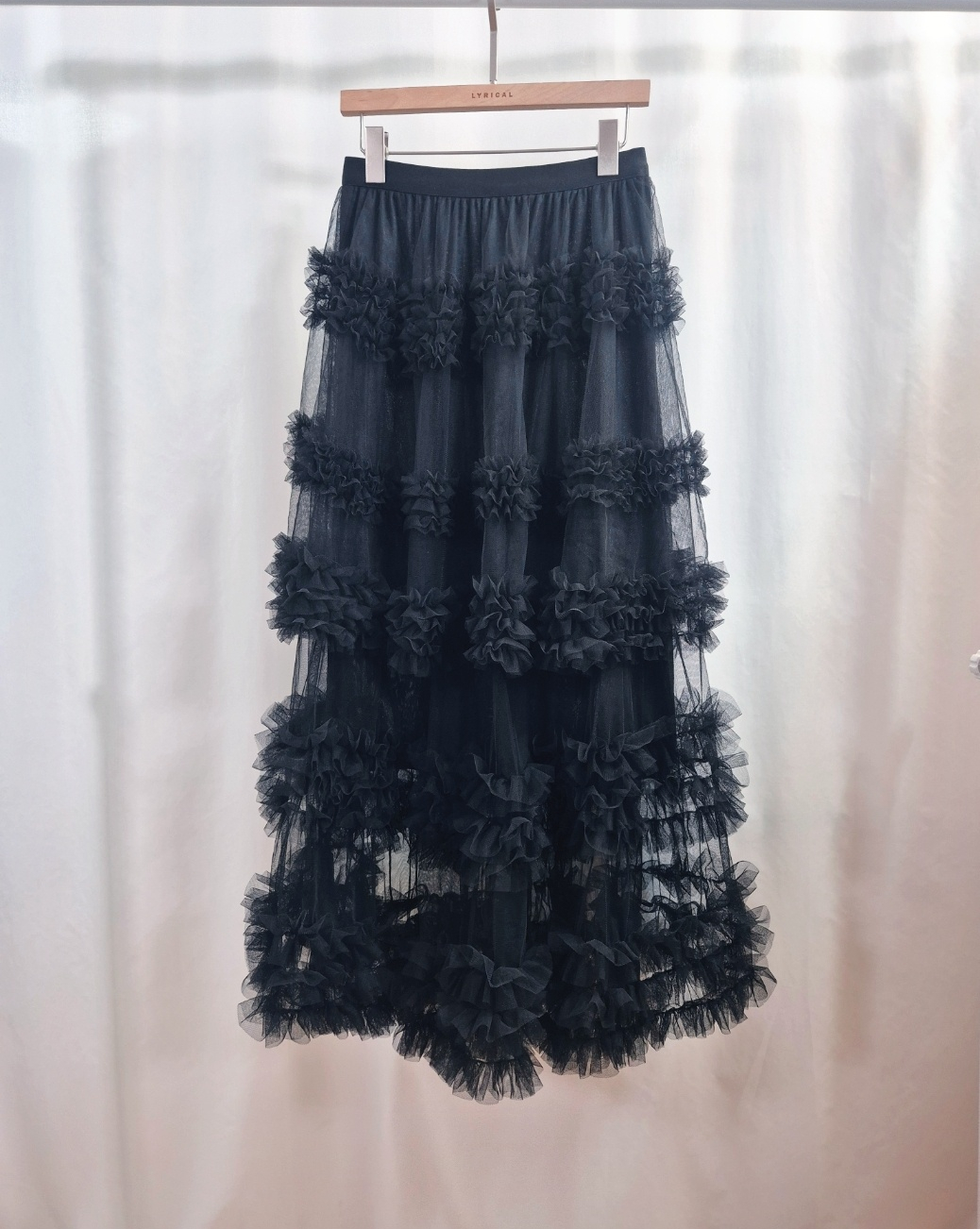 レースシースルーフリルティアードウエストゴムロングフレアAラインスカート | 詳細画像10