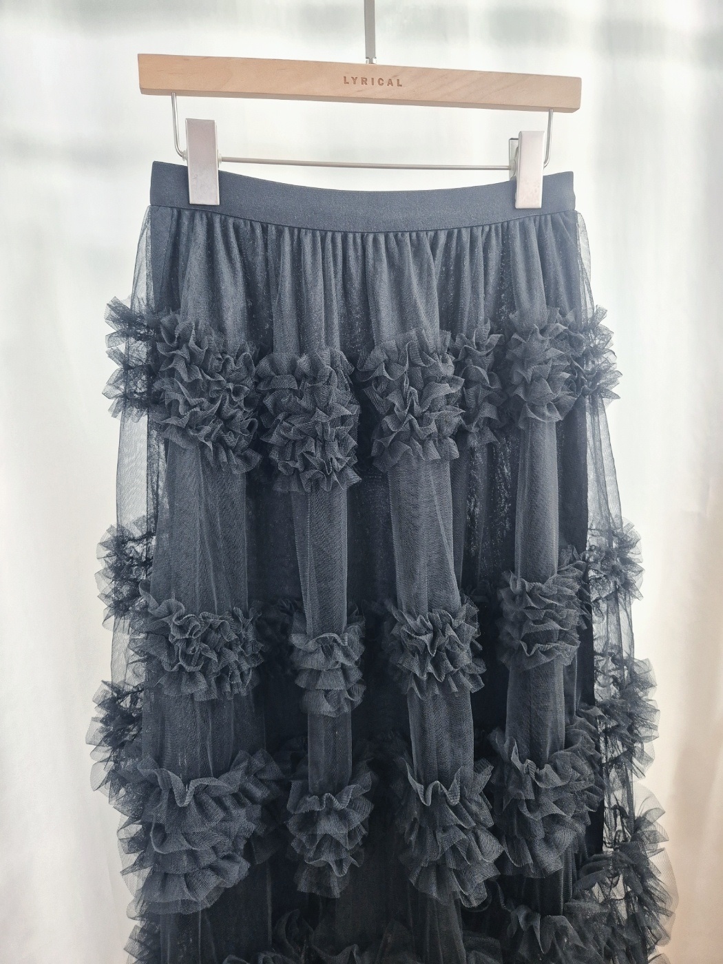 レースシースルーフリルティアードウエストゴムロングフレアAラインスカート | 詳細画像12