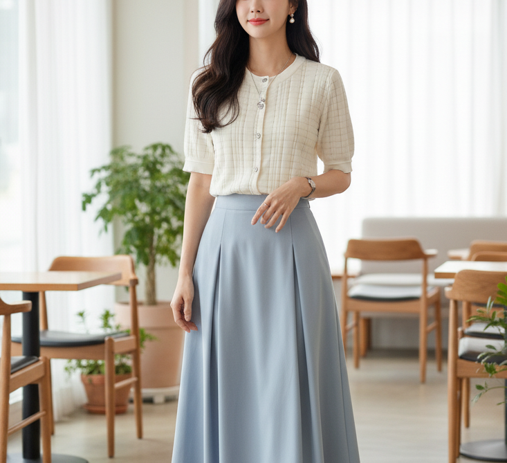 ラウンドネックパンチングパフスリーブ半袖ビジューボタンチェックカーディガン | 詳細画像7