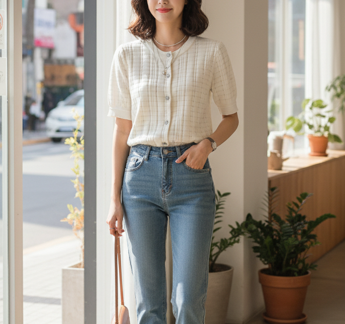 ラウンドネックパンチングパフスリーブ半袖ビジューボタンチェックカーディガン | 詳細画像8