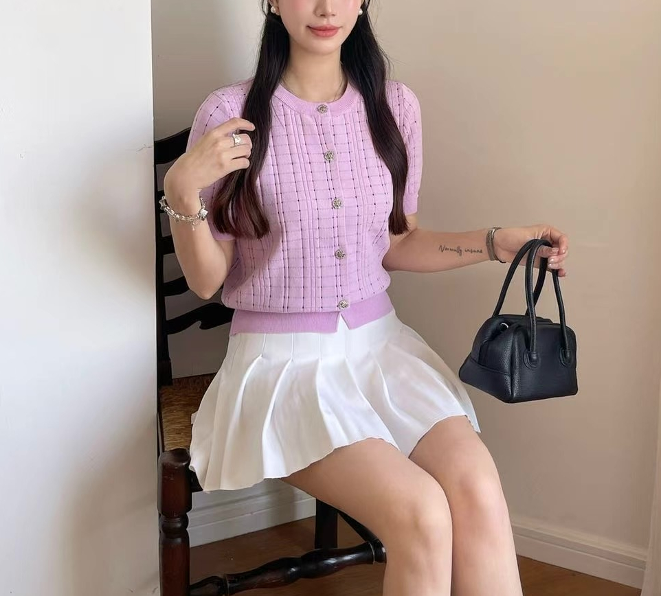 ラウンドネックパンチングパフスリーブ半袖ビジューボタンチェックカーディガン | 詳細画像3