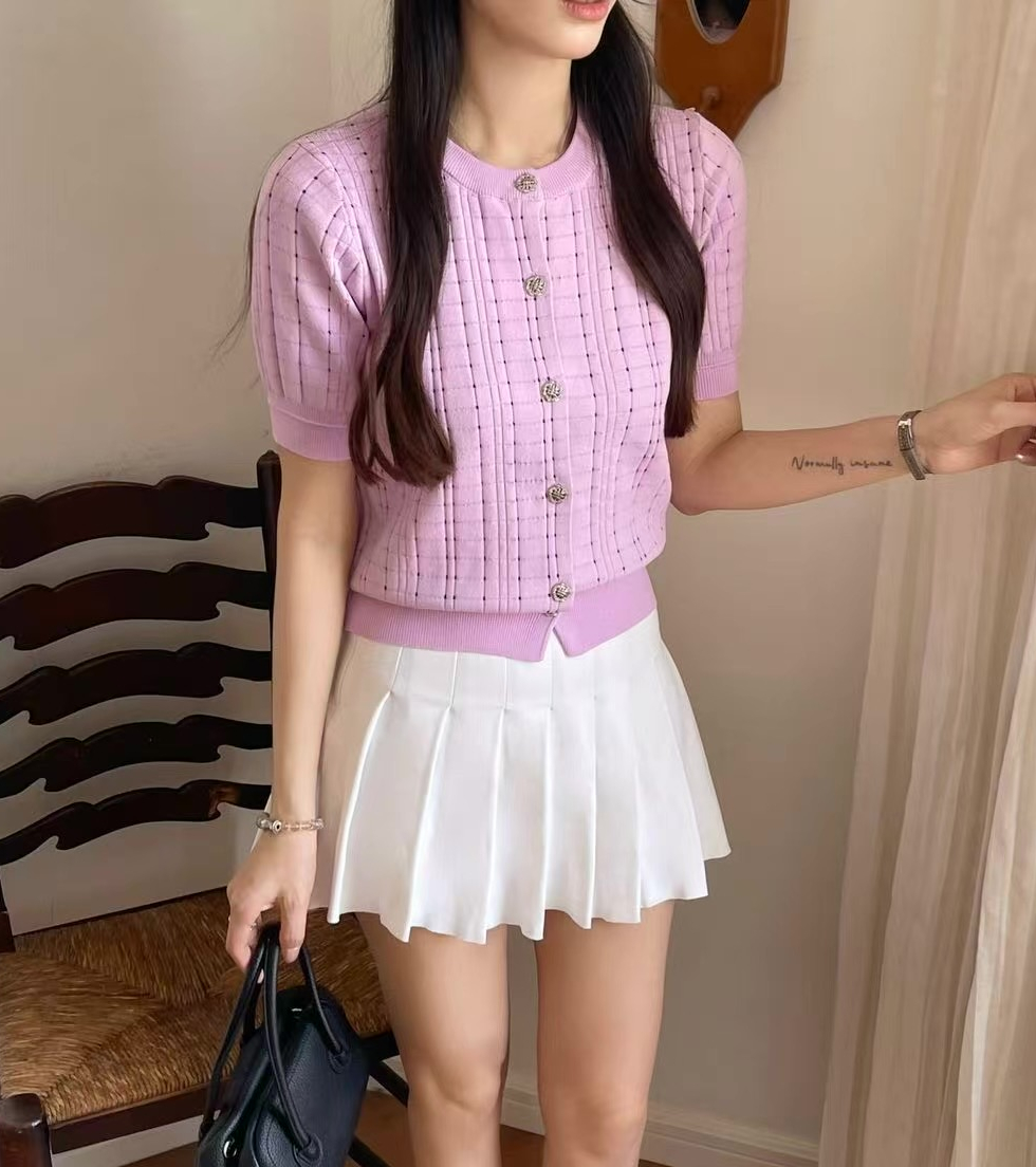 ラウンドネックパンチングパフスリーブ半袖ビジューボタンチェックカーディガン | 詳細画像2