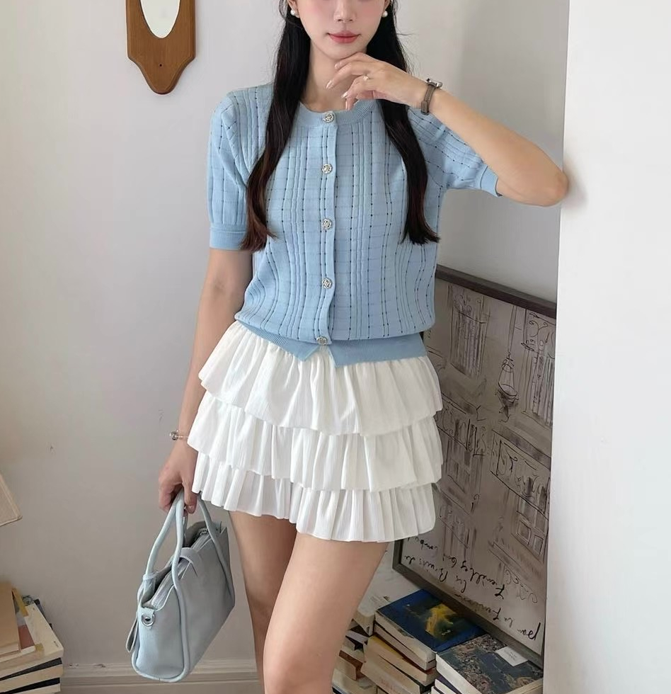 ラウンドネックパンチングパフスリーブ半袖ビジューボタンチェックカーディガン | 詳細画像4