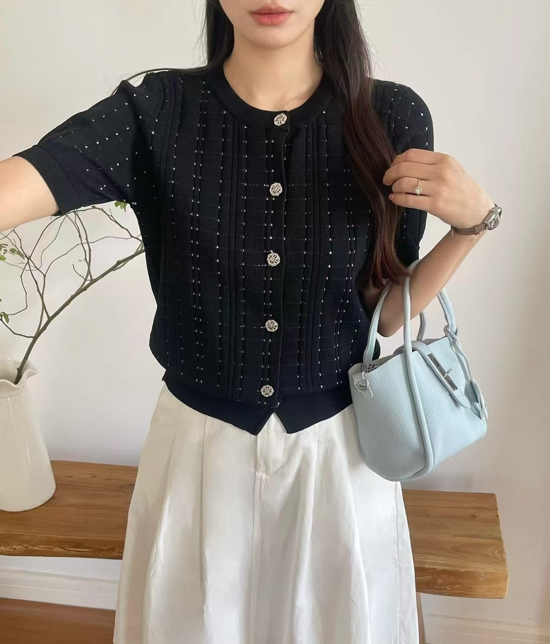 ラウンドネックパンチングパフスリーブ半袖ビジューボタンチェックカーディガン | 詳細画像5