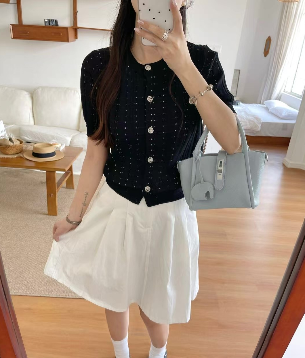 ラウンドネックパンチングパフスリーブ半袖ビジューボタンチェックカーディガン | 詳細画像6