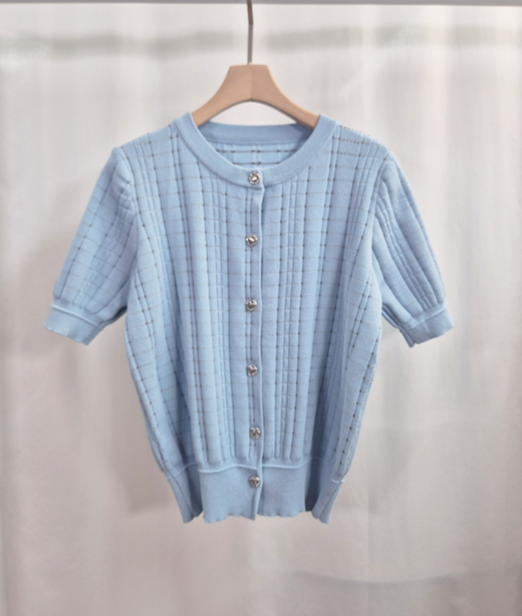 ラウンドネックパンチングパフスリーブ半袖ビジューボタンチェックカーディガン | 詳細画像13