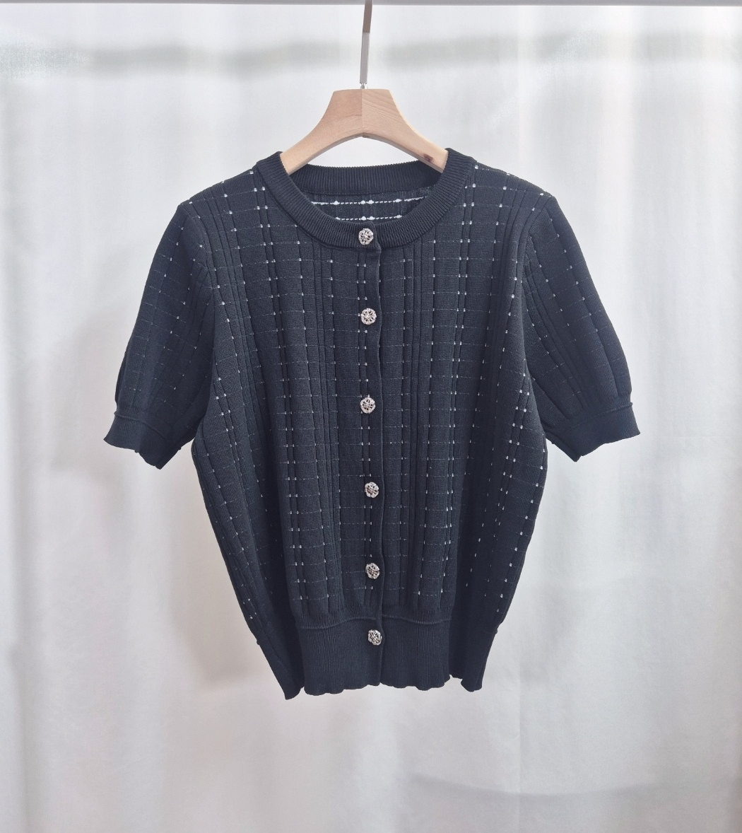 ラウンドネックパンチングパフスリーブ半袖ビジューボタンチェックカーディガン | 詳細画像11