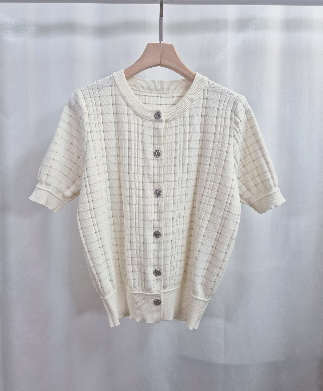 ラウンドネックパンチングパフスリーブ半袖ビジューボタンチェックカーディガン | 詳細画像12