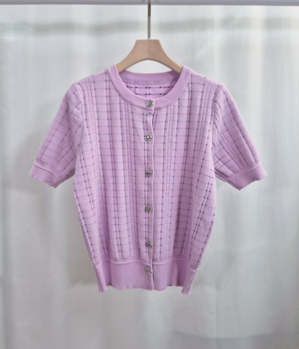 ラウンドネックパンチングパフスリーブ半袖ビジューボタンチェックカーディガン | 詳細画像14