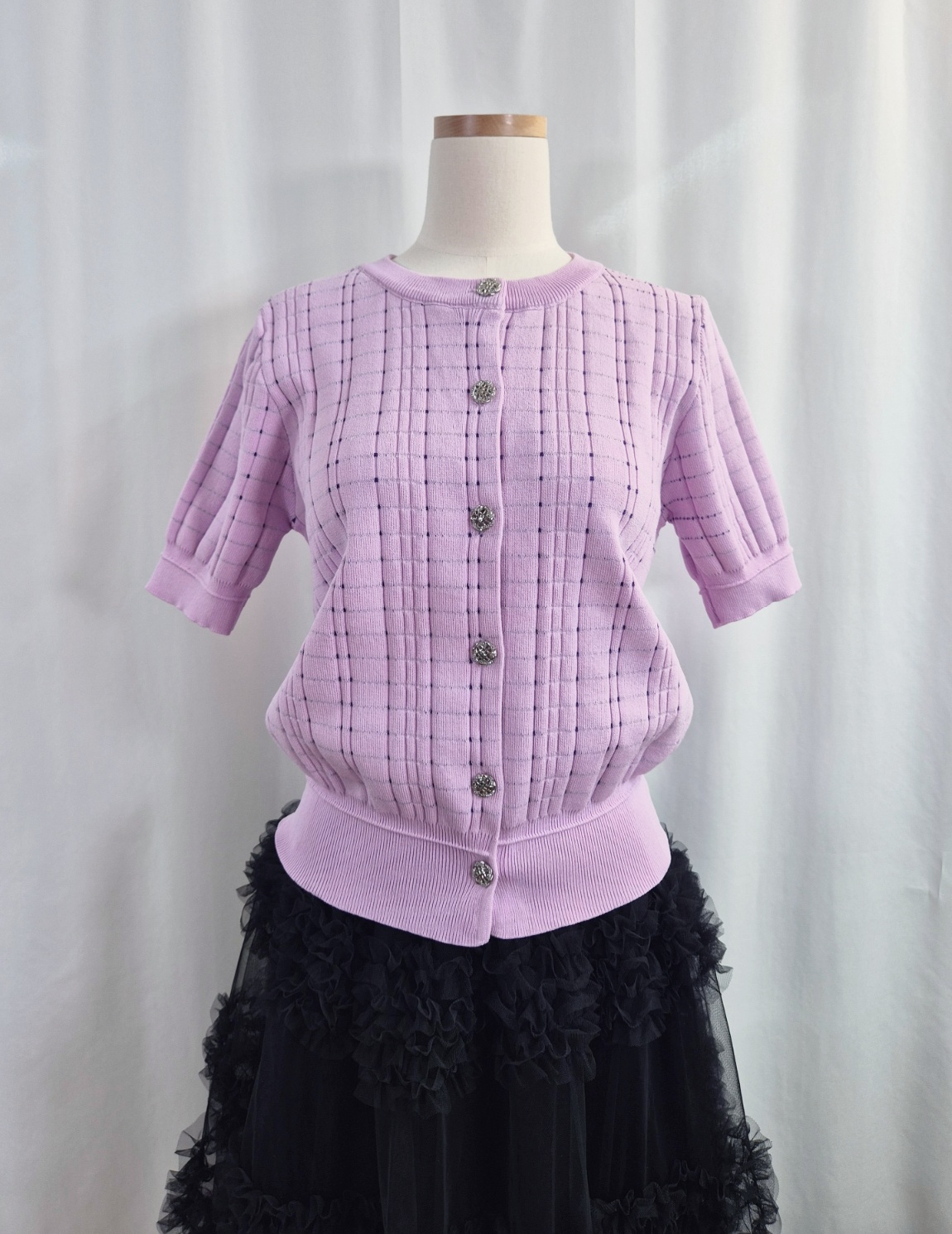 ラウンドネックパンチングパフスリーブ半袖ビジューボタンチェックカーディガン | 詳細画像16