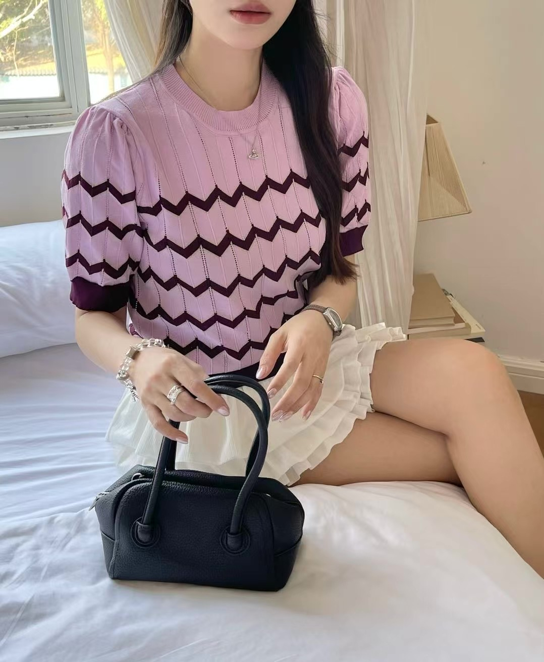 ラウンドネックパフスリーブルーズ半袖セミクロップド配色ラインニット | 詳細画像3