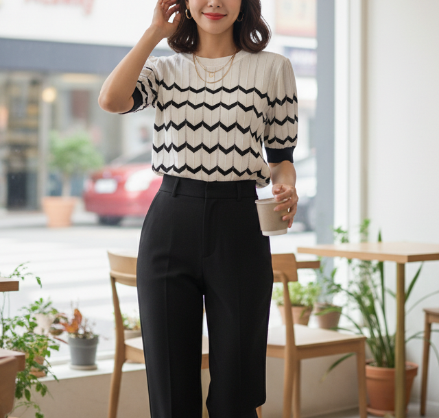 ラウンドネックパフスリーブルーズ半袖セミクロップド配色ラインニット | 詳細画像6