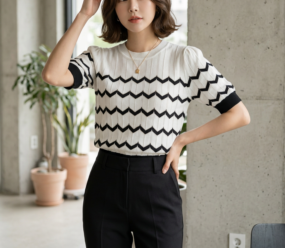 ラウンドネックパフスリーブルーズ半袖セミクロップド配色ラインニット | 詳細画像7