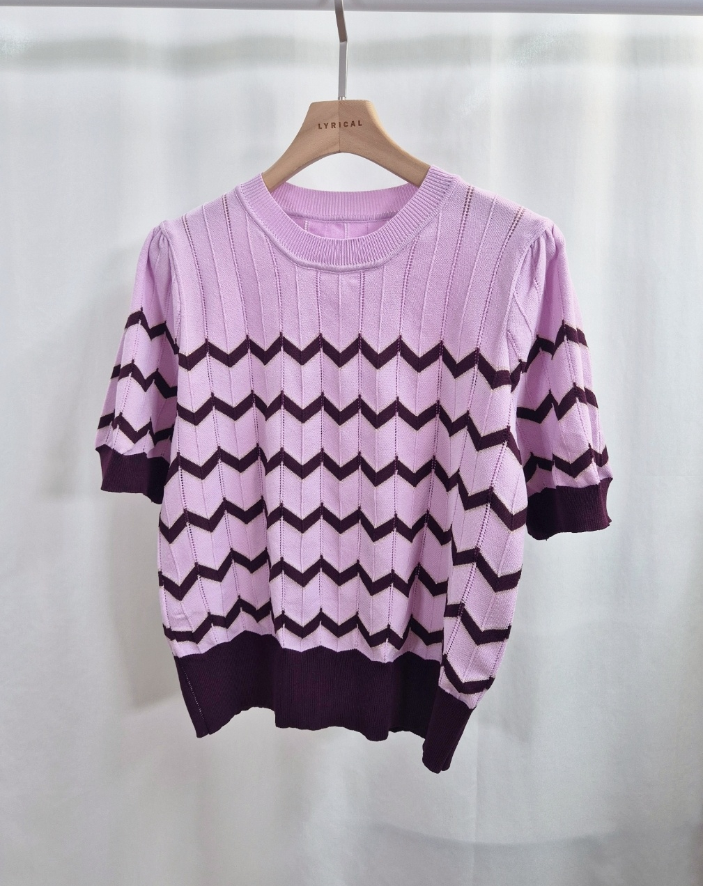 ラウンドネックパフスリーブルーズ半袖セミクロップド配色ラインニット | 詳細画像10