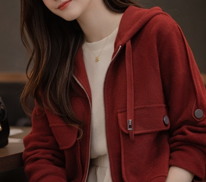 ナイロンジップアップフードドローストリングルーズ長袖フラップポケットアウトポケットボタンスリーブハーフ無地カーディガン | 詳細画像3