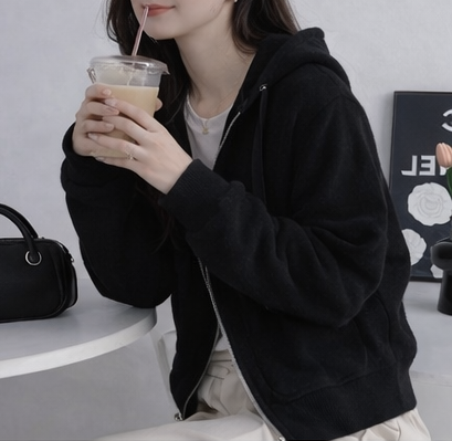 ナイロンジップアップフードドローストリングルーズ長袖フラップポケットアウトポケットボタンスリーブハーフ無地カーディガン | 詳細画像4