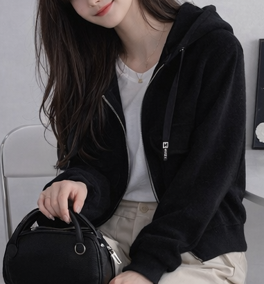 ナイロンジップアップフードドローストリングルーズ長袖フラップポケットアウトポケットボタンスリーブハーフ無地カーディガン | 詳細画像5