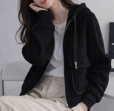 ナイロンジップアップフードドローストリングルーズ長袖フラップポケットアウトポケットボタンスリーブハーフ無地カーディガン | 詳細画像6