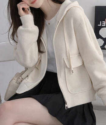 ナイロンジップアップフードドローストリングルーズ長袖フラップポケットアウトポケットボタンスリーブハーフ無地カーディガン | 詳細画像7