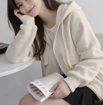 ナイロンジップアップフードドローストリングルーズ長袖フラップポケットアウトポケットボタンスリーブハーフ無地カーディガン | 詳細画像8