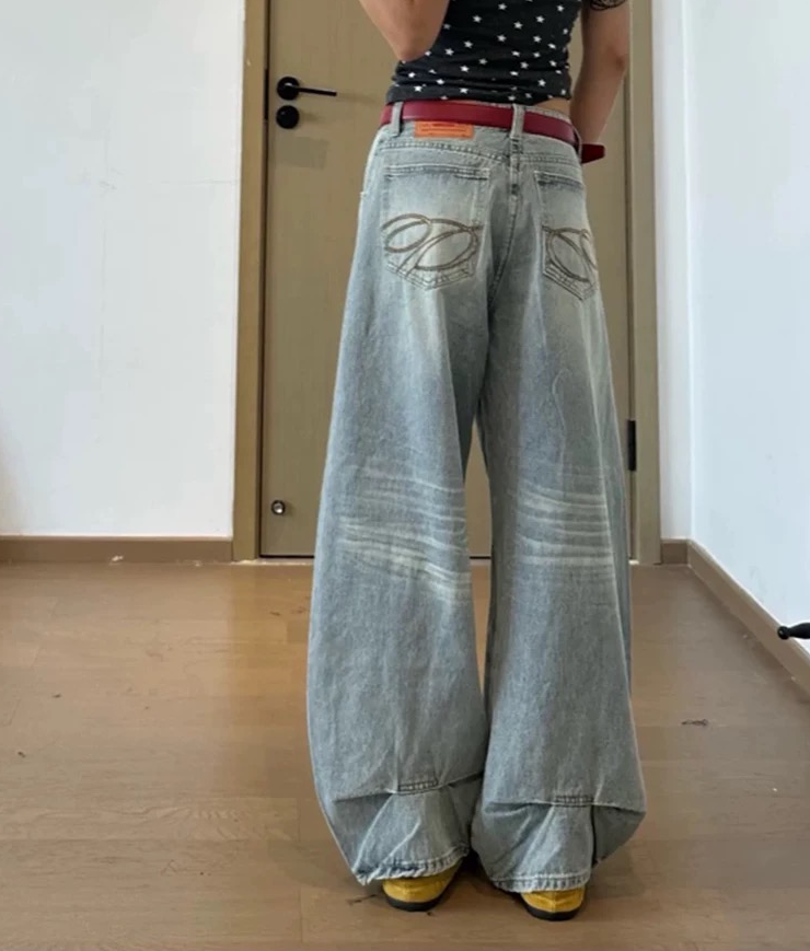 デニムコットンジップアップバックルウォッシングピンタックポケットロングワイドループバックポケット刺繍ライトブルーデニムパンツ | 詳細画像2