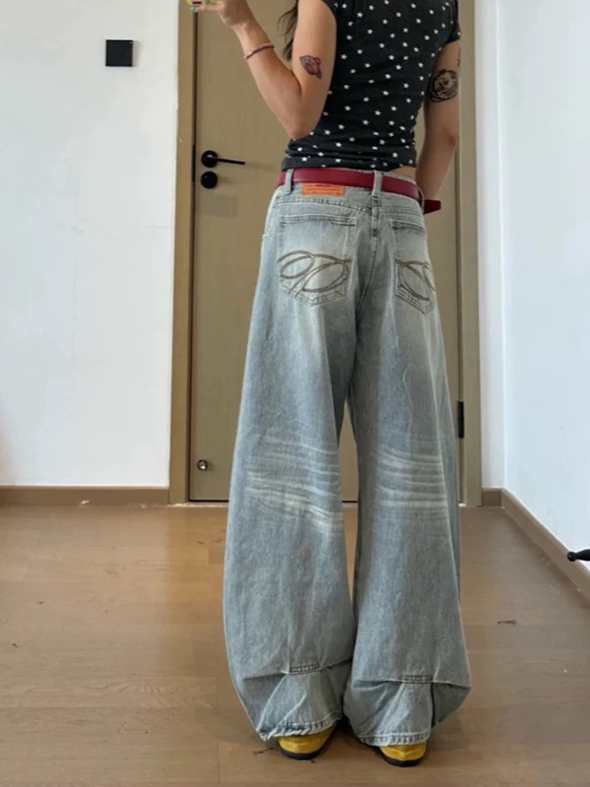 デニムコットンジップアップバックルウォッシングピンタックポケットロングワイドループバックポケット刺繍ライトブルーデニムパンツ | 詳細画像3