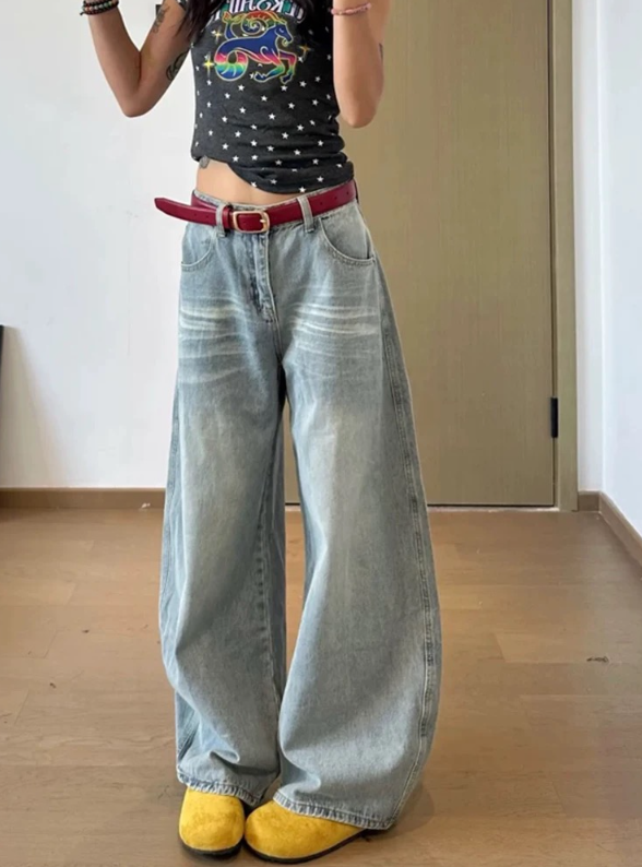 デニムコットンジップアップバックルウォッシングピンタックポケットロングワイドループバックポケット刺繍ライトブルーデニムパンツ | 詳細画像4