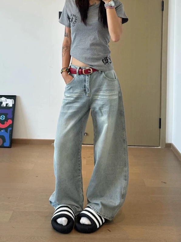 デニムコットンジップアップバックルウォッシングピンタックポケットロングワイドループバックポケット刺繍ライトブルーデニムパンツ | 詳細画像5