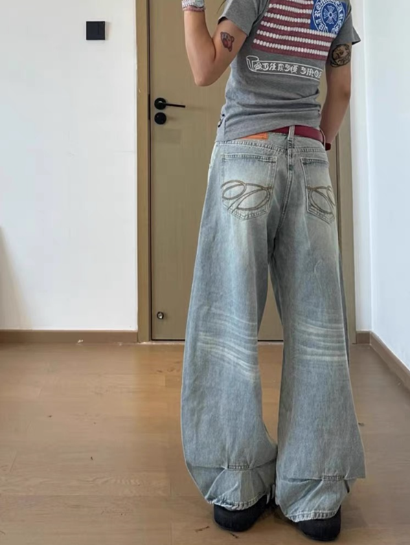 デニムコットンジップアップバックルウォッシングピンタックポケットロングワイドループバックポケット刺繍ライトブルーデニムパンツ | 詳細画像6