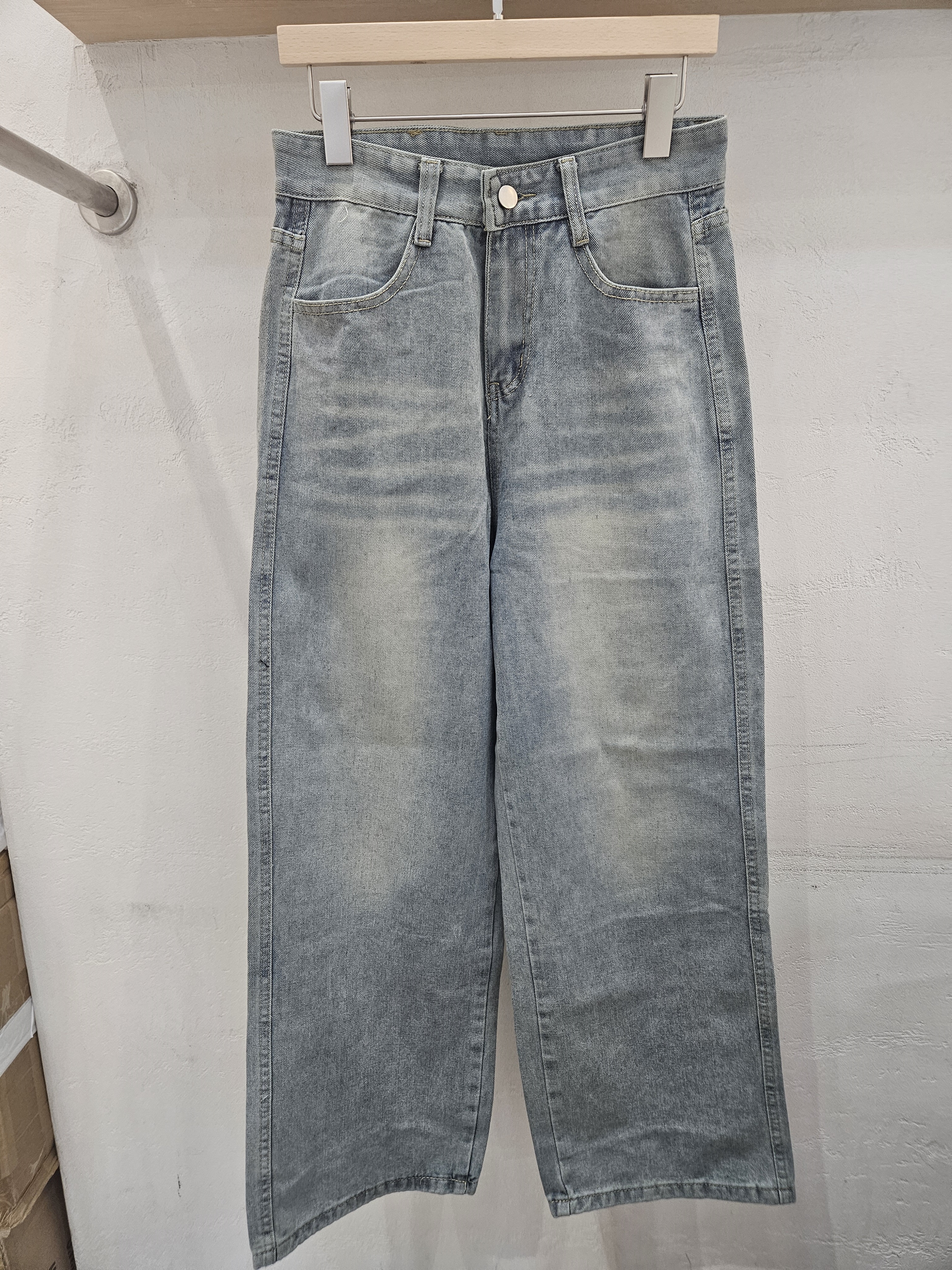 デニムコットンジップアップバックルウォッシングピンタックポケットロングワイドループバックポケット刺繍ライトブルーデニムパンツ | 詳細画像7