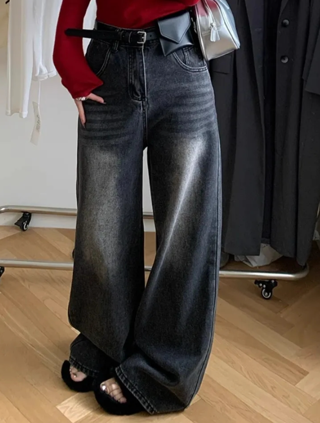 デニムコットンジップアップバックルウォッシングポケットロングワイドループバックポケットデニムパンツ | 詳細画像3