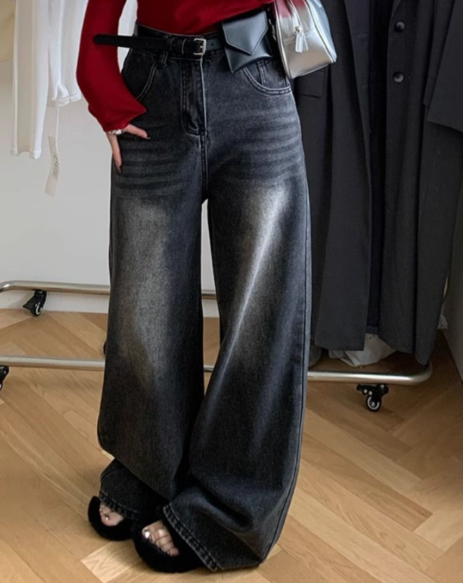 デニムコットンジップアップバックルウォッシングポケットロングワイドループバックポケットデニムパンツ | 詳細画像4