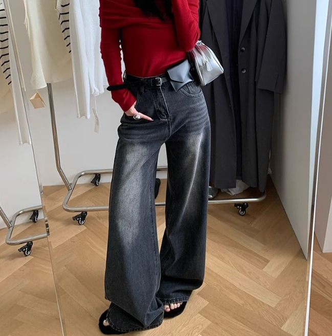 デニムコットンジップアップバックルウォッシングポケットロングワイドループバックポケットデニムパンツ | 詳細画像5