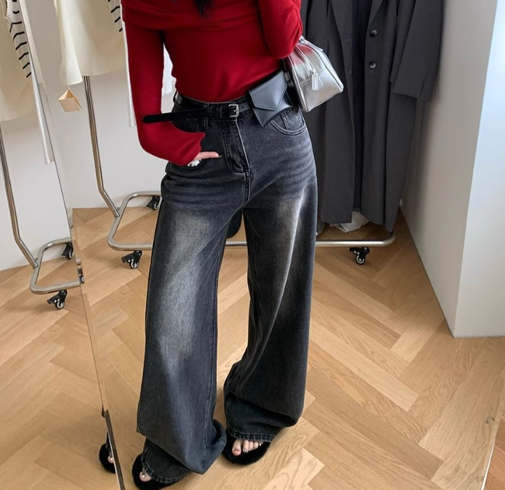 デニムコットンジップアップバックルウォッシングポケットロングワイドループバックポケットデニムパンツ | 詳細画像6