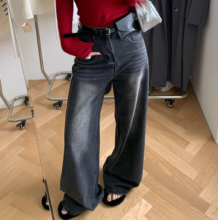 デニムコットンジップアップバックルウォッシングポケットロングワイドループバックポケットデニムパンツ | 詳細画像7