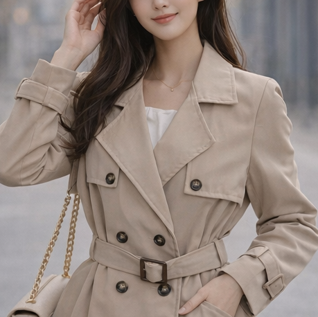 ボタンVネックポケットオープンカラーオーバーサイズ長袖ボタンスリーブループハーフ無地トレンチコートベルト付 | 詳細画像4