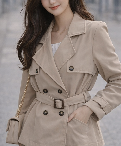 ボタンVネックポケットオープンカラーオーバーサイズ長袖ボタンスリーブループハーフ無地トレンチコートベルト付 | 詳細画像5