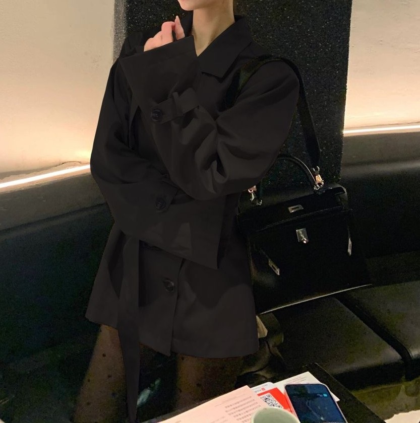 ボタンVネックポケットオープンカラーオーバーサイズ長袖ボタンスリーブループハーフ無地トレンチコートベルト付 | 詳細画像8