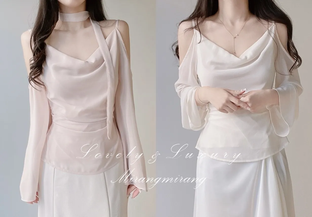 長袖オープンショルダードレープベルスリーブバックリボンブラウスストラップ付 | mirangmirang | 詳細画像1