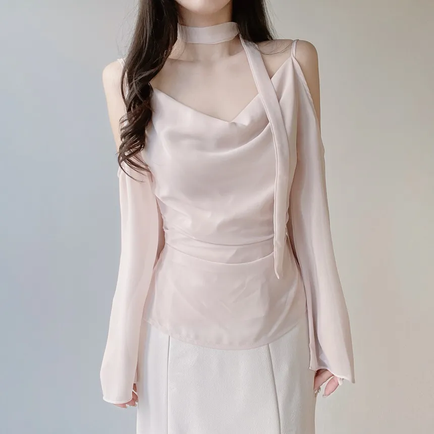 長袖オープンショルダードレープベルスリーブバックリボンブラウスストラップ付 | mirangmirang | 詳細画像2