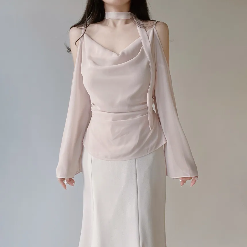 長袖オープンショルダードレープベルスリーブバックリボンブラウスストラップ付 | mirangmirang | 詳細画像7