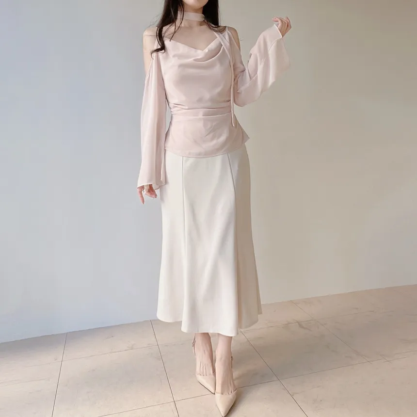 長袖オープンショルダードレープベルスリーブバックリボンブラウスストラップ付 | mirangmirang | 詳細画像8