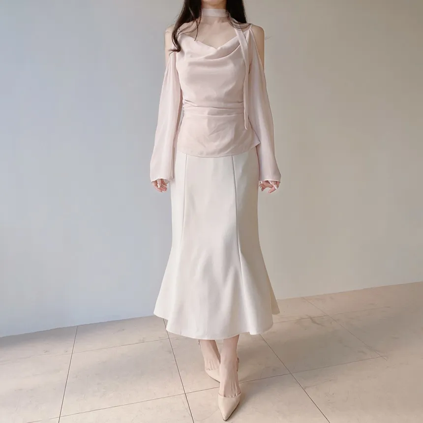 長袖オープンショルダードレープベルスリーブバックリボンブラウスストラップ付 | mirangmirang | 詳細画像9