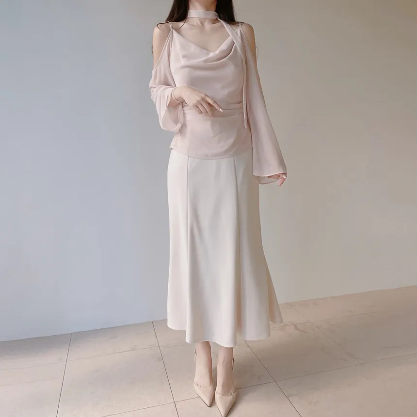 長袖オープンショルダードレープベルスリーブバックリボンブラウスストラップ付 | mirangmirang | 詳細画像10